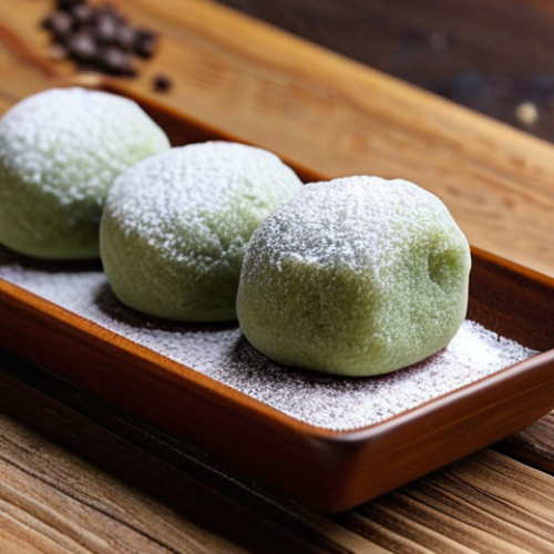 Home 11 **
A close-up shot of homemade mochi on a rustic wooden table. The mochi are soft and delicate, dusted with powdered sugar. Some are filled with traditional anko (red bean paste), while others have a modern filling like Nutella. Focus on the texture and the inviting, slightly sticky appearance. Include a small bowl of matcha powder nearby.
**