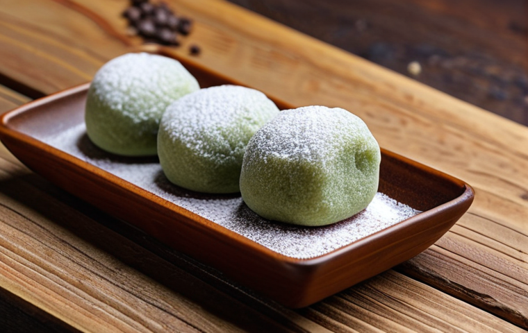 **

A close-up shot of homemade mochi on a rustic wooden table. The mochi are soft and delicate, dusted with powdered sugar. Some are filled with traditional anko (red bean paste), while others have a modern filling like Nutella. Focus on the texture and the inviting, slightly sticky appearance. Include a small bowl of matcha powder nearby.

**