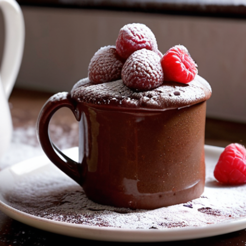 Home 6 **Irresistible Mug Cake:** A close-up shot of a warm, gooey chocolate mug cake overflowing slightly from a ceramic mug, topped with a dusting of powdered sugar and a few fresh raspberries. The background is softly blurred, suggesting a cozy kitchen setting.