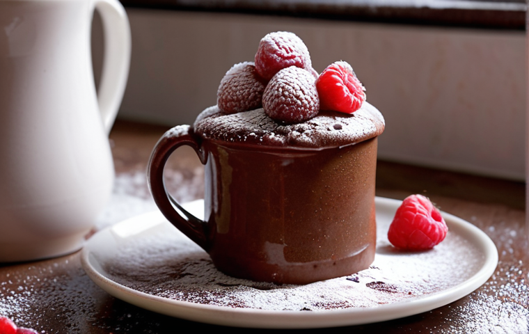 **Irresistible Mug Cake:** A close-up shot of a warm, gooey chocolate mug cake overflowing slightly from a ceramic mug, topped with a dusting of powdered sugar and a few fresh raspberries. The background is softly blurred, suggesting a cozy kitchen setting.