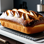 A freshly baked, golden-brown artisanal bread loaf, sliced to reveal a soft, airy, and evenly cooked interior. The loaf is resting on a cooling rack on a clean, modern kitchen counter. Soft, diffused natural light illuminates the scene, highlighting the textures and rich color. Professional food photography, studio quality, high resolution, detailed, safe for work, appropriate content, fully clothed (implied clean kitchen environment), professional, family-friendly, perfect anatomy, correct proportions, natural composition.