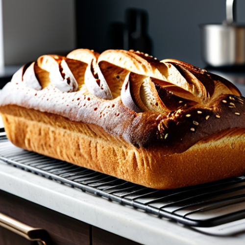 A freshly baked, golden-brown artisanal bread loaf, sliced to reveal a soft, airy, and evenly cooked interior. The loaf is resting on a cooling rack on a clean, modern kitchen counter. Soft, diffused natural light illuminates the scene, highlighting the textures and rich color. Professional food photography, studio quality, high resolution, detailed, safe for work, appropriate content, fully clothed (implied clean kitchen environment), professional, family-friendly, perfect anatomy, correct proportions, natural composition.