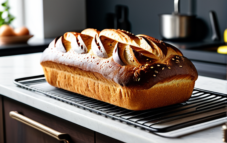 A freshly baked, golden-brown artisanal bread loaf, sliced to reveal a soft, airy, and evenly cooked interior. The loaf is resting on a cooling rack on a clean, modern kitchen counter. Soft, diffused natural light illuminates the scene, highlighting the textures and rich color. Professional food photography, studio quality, high resolution, detailed, safe for work, appropriate content, fully clothed (implied clean kitchen environment), professional, family-friendly, perfect anatomy, correct proportions, natural composition.