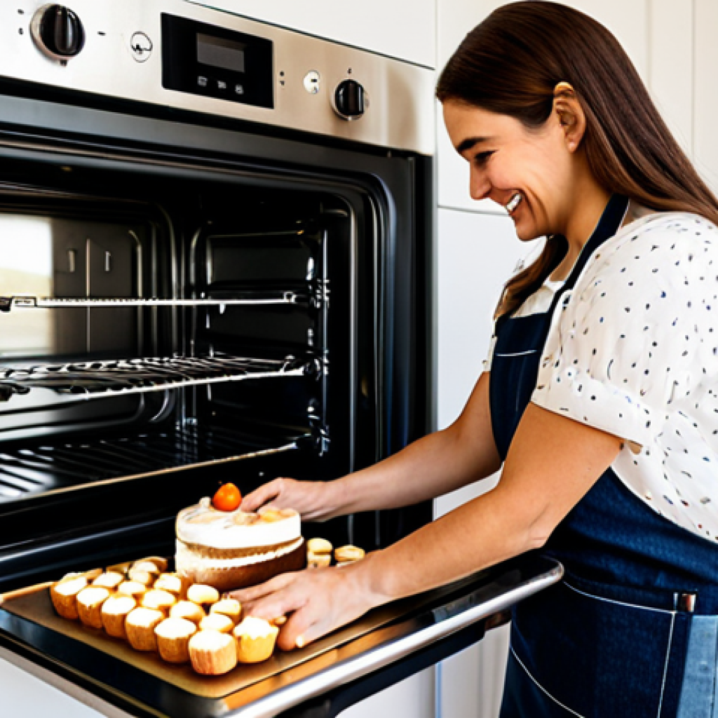 Baking at Home**

A woman in a cozy, fully clothed, and modest kitchen outfit (apron, comfortable blouse, jeans), smiles as she checks a cake baking in a modern oven. The kitchen is brightly lit with warm sunlight streaming through the window, showing various baking tools and ingredients neatly arranged. Perfect anatomy, correct proportions, natural pose, well-formed hands, proper finger count. Safe for work, appropriate content, fully clothed, professional baking scene.

**