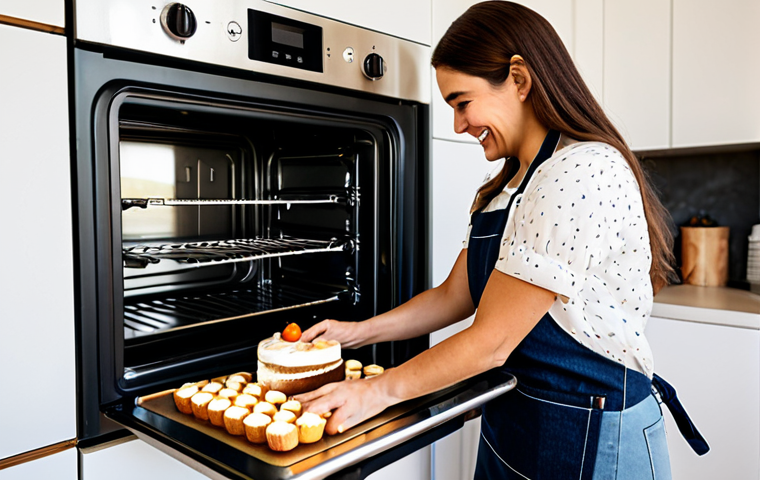 Baking at Home**

A woman in a cozy, fully clothed, and modest kitchen outfit (apron, comfortable blouse, jeans), smiles as she checks a cake baking in a modern oven. The kitchen is brightly lit with warm sunlight streaming through the window, showing various baking tools and ingredients neatly arranged. Perfect anatomy, correct proportions, natural pose, well-formed hands, proper finger count. Safe for work, appropriate content, fully clothed, professional baking scene.

**