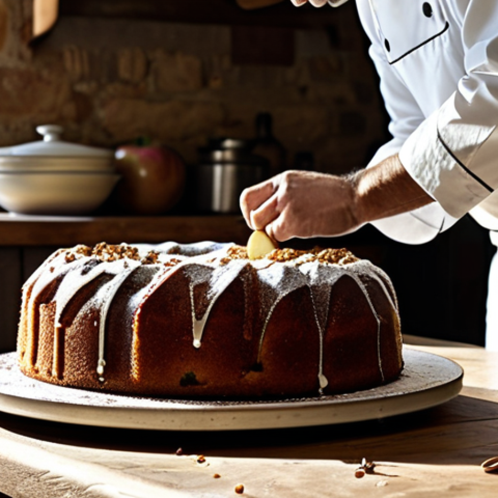**

"A professional baker, fully clothed in a clean chef's coat, arranging a rustic apple cake drizzled with olive oil on a wooden table in a sunlit Tuscan kitchen. The cake is topped with a dusting of cinnamon. Safe for work, appropriate content, modest attire, professional food photography, perfect anatomy, natural pose, high quality."

**