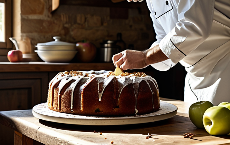**

"A professional baker, fully clothed in a clean chef's coat, arranging a rustic apple cake drizzled with olive oil on a wooden table in a sunlit Tuscan kitchen. The cake is topped with a dusting of cinnamon. Safe for work, appropriate content, modest attire, professional food photography, perfect anatomy, natural pose, high quality."

**