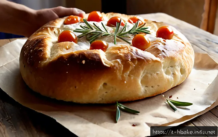 홈베이킹 유행하는 빵 종류 - Photorealistic rustic Italian home kitchen scene, a freshly baked sourdough focaccia with golden bli...